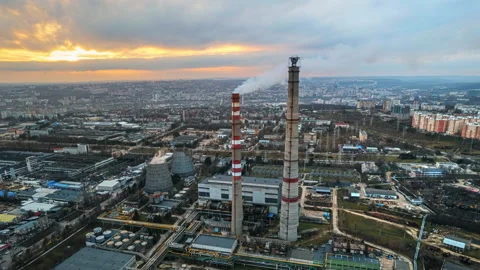 Aerial drone timelapse view of thermal power plant in Chisinau at cloudy Stock Footage 229756078