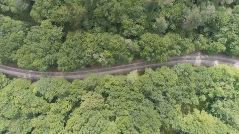 AERIAL DRONE TOP DOWN 360 DEGREE EMPTY RAILWAY TRACK IN THE WOODS, S SHAPED Stock Footage 130132161