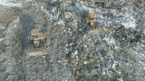 AERIAL DRONE TOP-DOWN DUMP EXCAVATORS WORKING Stock Footage 170708955