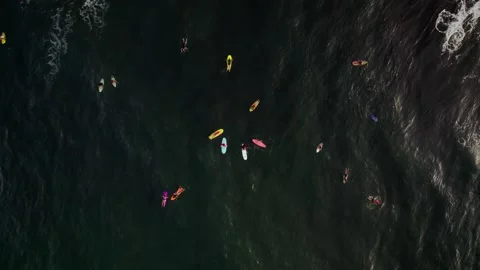 Aerial Drone Top-Down Moving Up of Ocean with Surfers 10Bit 스톡 동영상 171629208