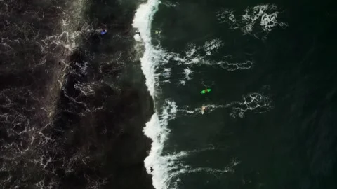 Aerial Drone Top-Down of Ocean with Surfers and White Waves on Island 10Bit Stock Footage 171628958