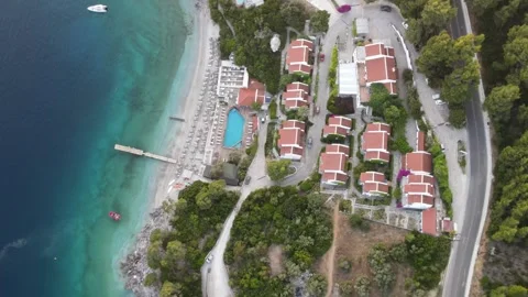 Aerial drone top-down rise of Adrina Resort hotel Stock Footage 336598998