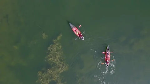 Aerial drone top down shot of family kayaking on lake Stock Footage 132877477