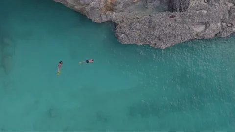 Aerial drone top down shot of two swimmers in Caribbean sea Stock Footage 137501038
