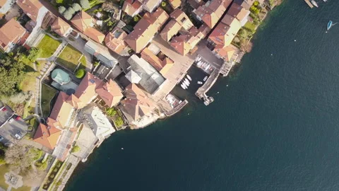 Aerial drone top down shot of historic harbor of Como Lake, Italy Stock Footage 147501650