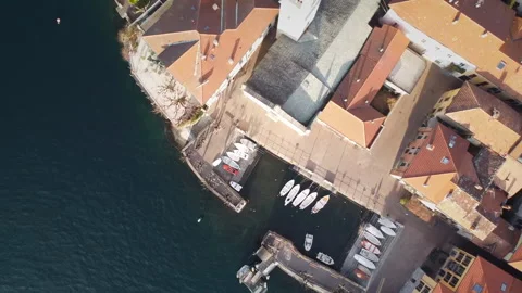 Aerial drone top down shot of historic harbor of Como Lake, Italy Stock Footage 147501722