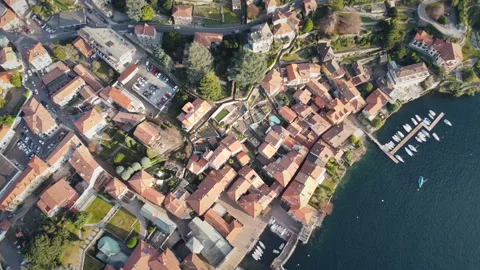 Aerial drone top down shot of historic harbor of Como Lake, Italy Stock Footage 147501787