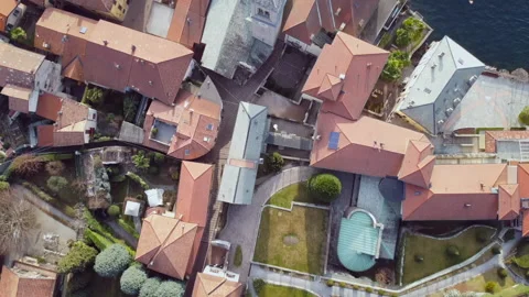 Aerial drone top down shot of historic harbor of Como Lake, Italy Stock Footage 147501831
