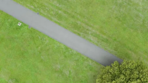 Aerial drone top down static shot of female runner in park Stock Footage 134640044