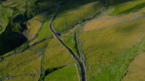 Aerial drone top-down tracking shot following a car driving along a road 库存影片 335247374