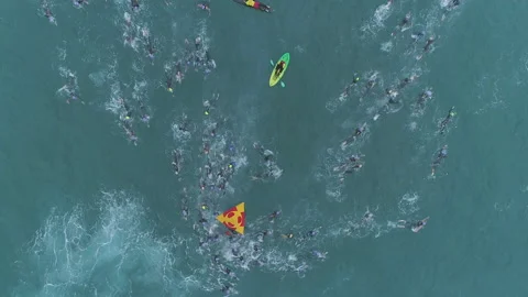 AERIAL DRONE TOP DOWN TRIATLON SWIMMING SEA Stock Footage 170727332