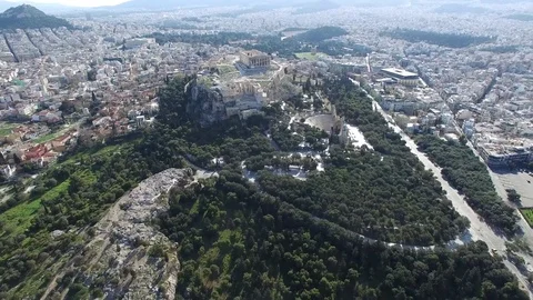 Aerial drone top down view looking down onto front of Acropolis 4k Video stock 69779100