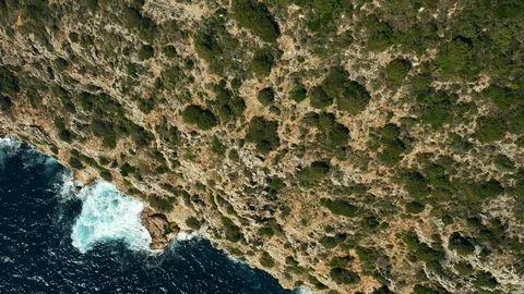 Aerial drone top down view of rocky cliff with evergreen plants Stock Footage 104076053