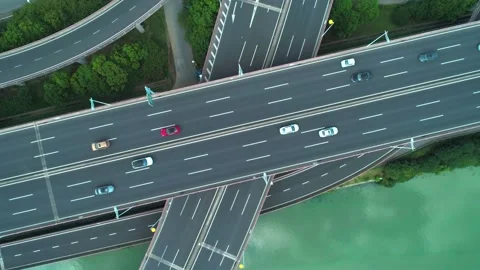 Aerial drone top down view of highway multi-level junction road with moving cars 스톡 동영상 152879483