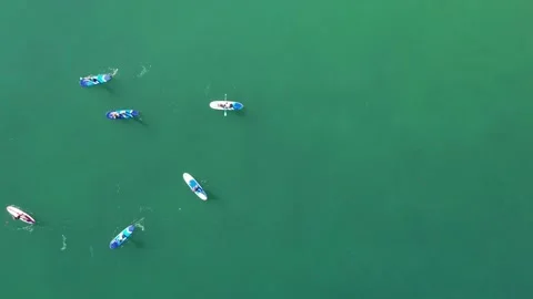 Aerial drone top down view of unidentifiable SUP or Stand-up Paddle Boarders on Stock Footage 208345268