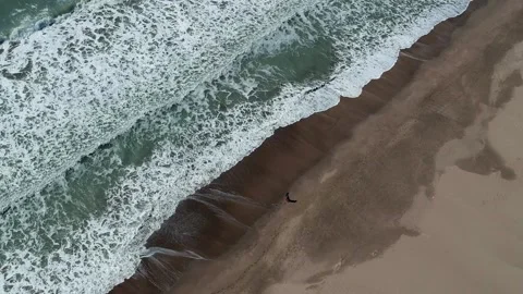 Aerial drone top down view of woman walking alone the beach. Patara Turkey 스톡 동영상 220288748
