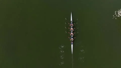 Aerial drone top down view of sport canoe operated by team Stock Footage 232067023