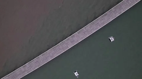 Aerial drone top down view of iconic gondola rides at Park of Nations in Lisbon Stock Footage 249450576
