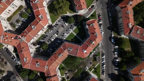 Aerial drone top down view of unique geometrical residential blocks in Carnaxide Stock Footage 312456161