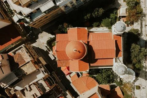 Aerial drone top down view of Orthodox Church Dormition of Theotokou Virgin  Stock Photos