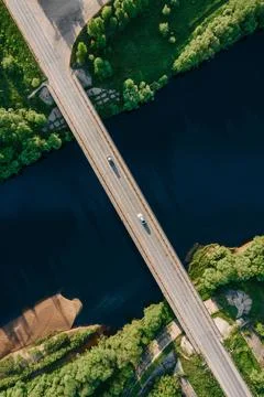 Aerial drone top down view of bridge with cars, vertical 스톡 사진
