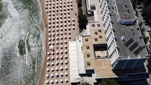 Aerial drone top view of beach and hotels in Bulgaria, near Golden Sands. 動画素材 276180987