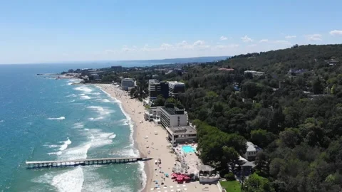 Aerial drone top view of beach and hotels in Bulgaria, near Golden Sands. 動画素材 276181002