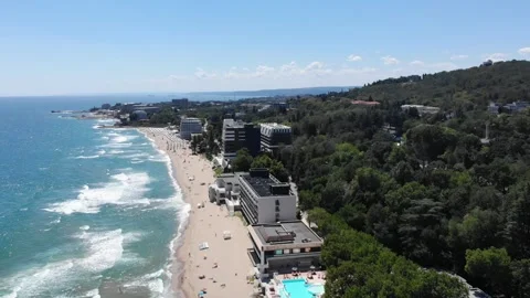 Aerial drone top view of beach and hotels in Bulgaria, near Golden Sands. 動画素材 276181004