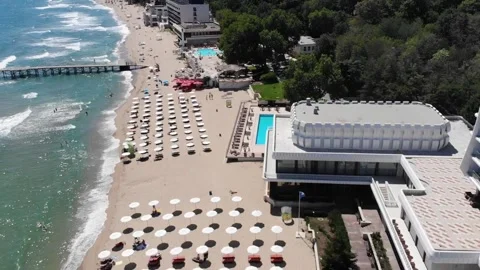 Aerial drone top view of beach and hotels in Bulgaria, near Golden Sands. 動画素材 276181006