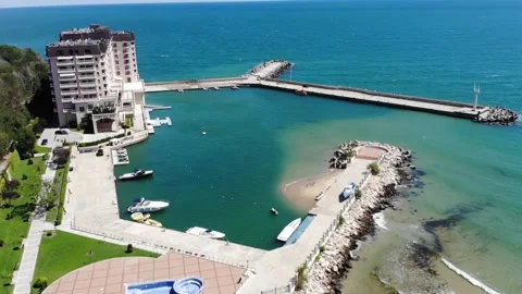 Aerial drone top view of beach and hotels in Bulgaria, near Golden Sands. 動画素材 276181008
