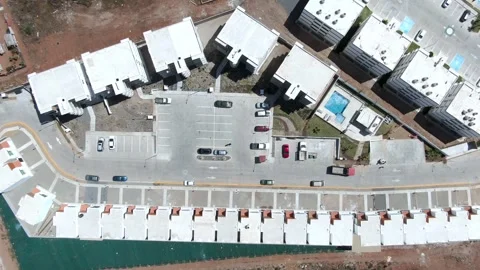Aerial Drone Top View of Modern Residential Housing Complex and Parking Area Stock Footage 335149241