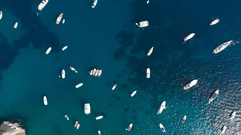 Aerial drone top view pull up luxury boats berth over crystal clear seawater Stock Footage 113699991