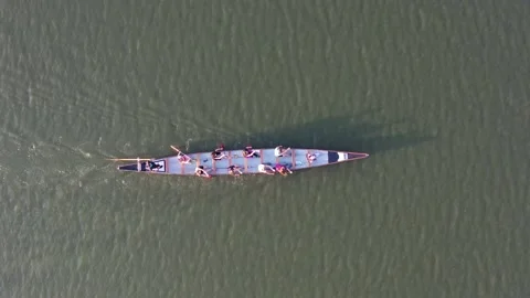 Aerial drone top view of sport canoe rowing team of athletes competing Stock Footage