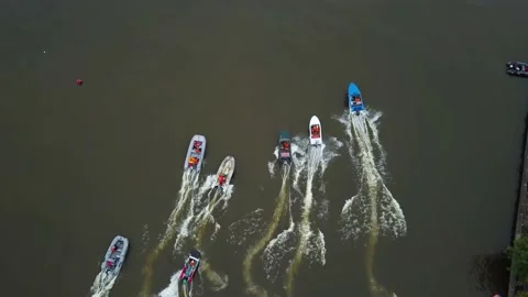 Aerial drone top view of start racing boats with a motor sail near the shore Stock Footage 220520256