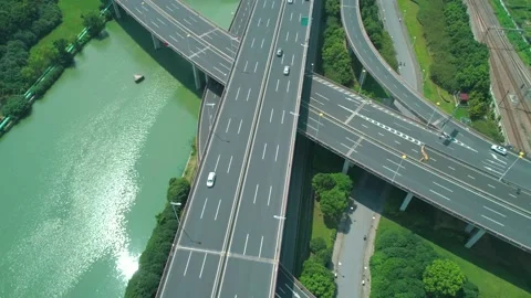 Aerial drone topdown orbital view of highway multi-level junction road with Stock-Footage 152876202