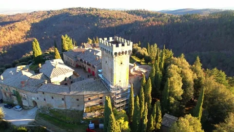 Aerial drone Tower approach view Gargonza Castle Tuscany Italy Vídeos de archivo 168539356