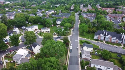 Aerial Drone Tracking Along Lush Suburban Neighborhood Street Vidéo 344772599