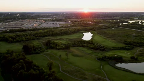 Aerial Drone Tracking Golf Course on Niagara Escarpment at Sunset – 4K 30fps Stock Footage 318844277