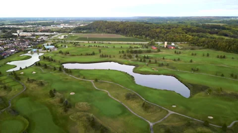 Aerial Drone Tracking Golf Course on Niagara Escarpment at Sunset – 4K 30fps Stock Footage 318844688