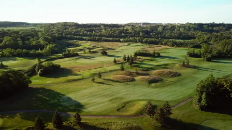Aerial Drone Tracking Over Golf Course on Niagara Escarpment at Sunrise – 4K 30f Stock-Footage 313912482