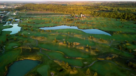 Aerial Drone Tracking Over Golf Course on Niagara Escarpment at Sunset – 4K 30fp Stock Footage 318842599