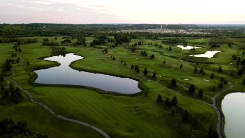 Aerial Drone Tracking Over Golf Course on Niagara Escarpment at Sunset – 4K 30fp Stock Footage 318843199