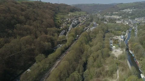 Aerial drone tracking passenger train Video stock 110832994