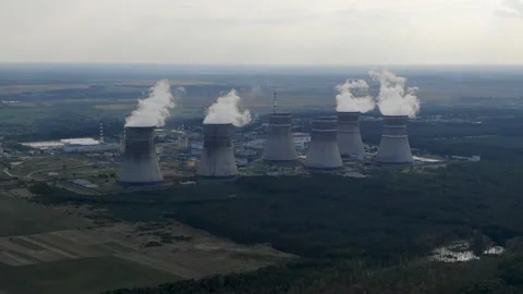 Aerial drone tracking shot of a nuclear power plant in Ukraine Stock Footage 131066671