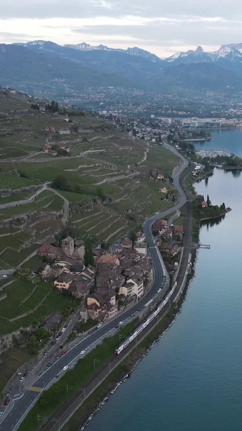Aerial drone tracking shot of train moving along lakeside vineyard terraces Stockbeeldmateriaal 333037755