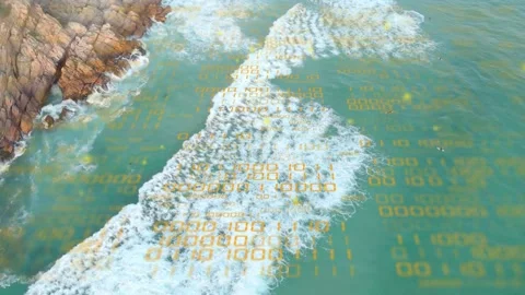 Aerial drone tracking starting, breaking wave moving down while binary overlay Stock Footage 334351717