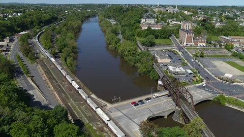 Aerial Drone Train Along Deleware River  1 Stock Footage 122357286