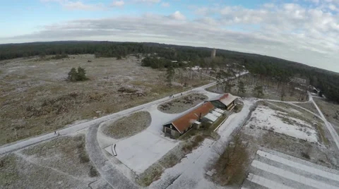 Aerial drone UAV flying over abandoned barracks heath landscape 4k Stock Footage 59143248