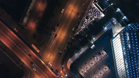 Aerial drone vertical view of Bucharest city centre square traffic hour at night Stock Footage 131235846
