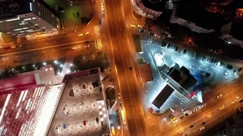 Aerial drone vertical view of Bucharest city centre square traffic hour at night Stock Footage 131235867
